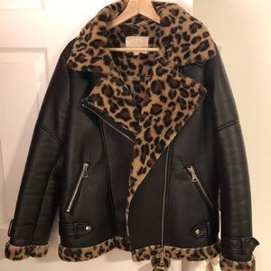 Faux Leather and Leopard Print Moto Aviator Jacket